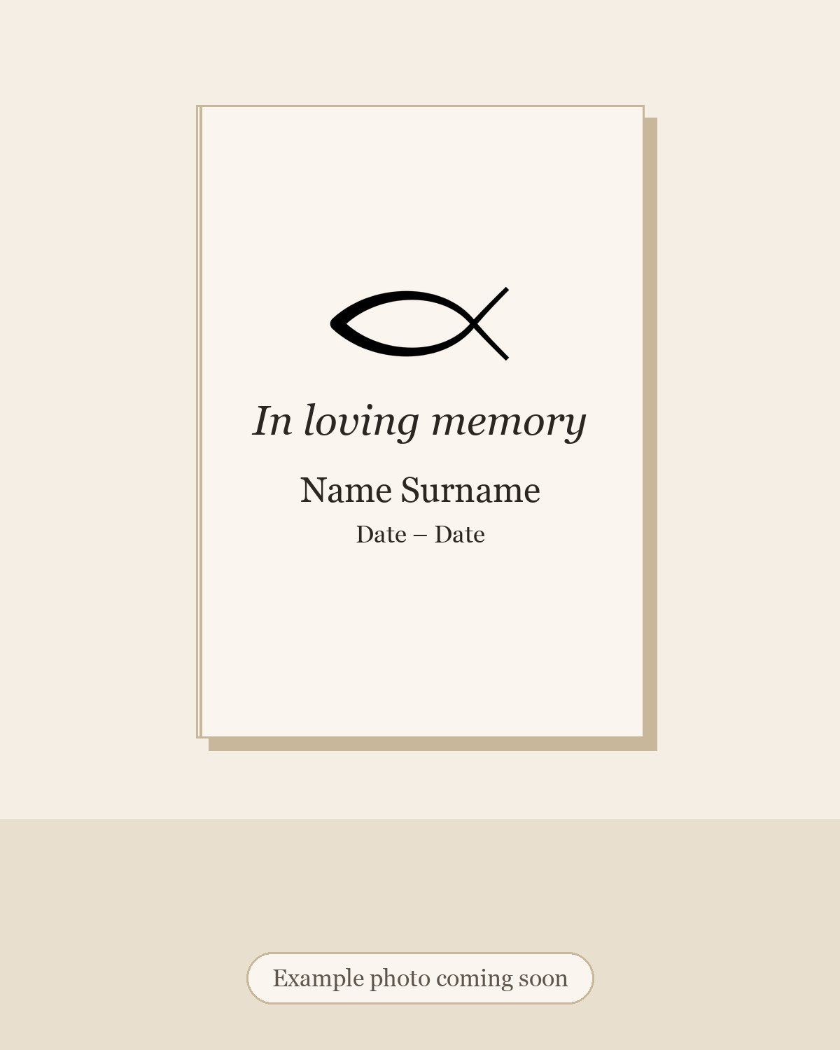 Placeholder illustration of a memorial booklet with a light cover. Example photo coming soon.
