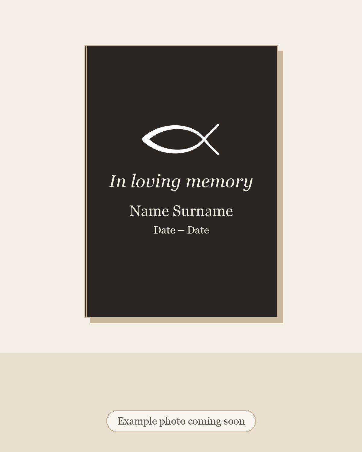 Placeholder illustration of a memorial booklet with a dark cover. Example photo coming soon.