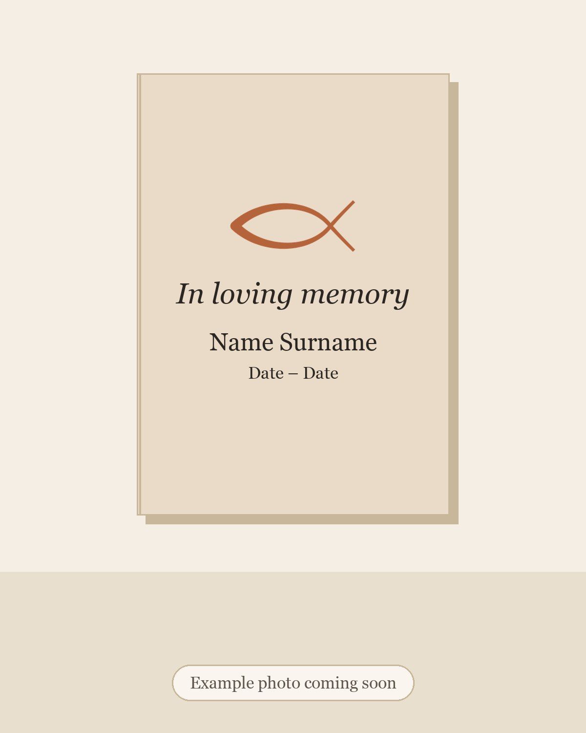 Placeholder illustration of a memorial booklet with a warm sand-coloured cover. Example photo coming soon.
