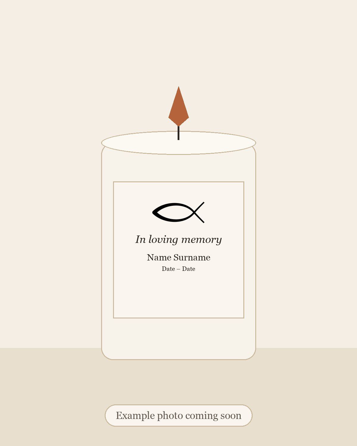 Placeholder illustration of a memorial candle with a light label. Example photo coming soon.